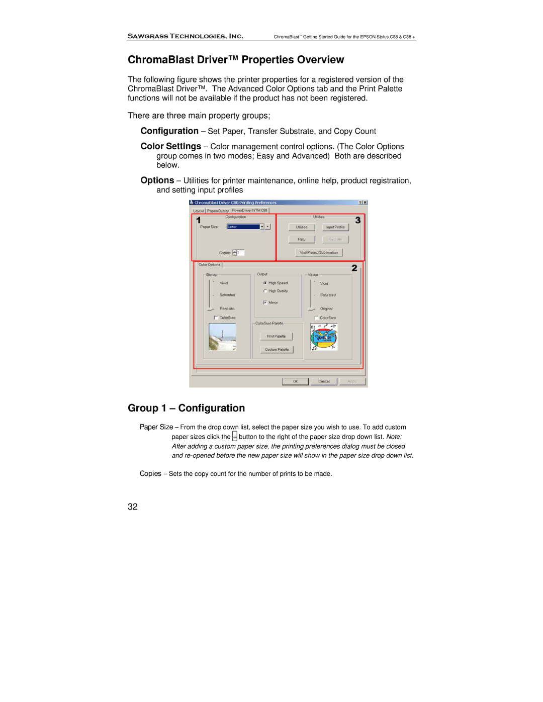 Epson C88, D88+ manual ChromaBlast Driver Properties Overview, There are three main property groups 