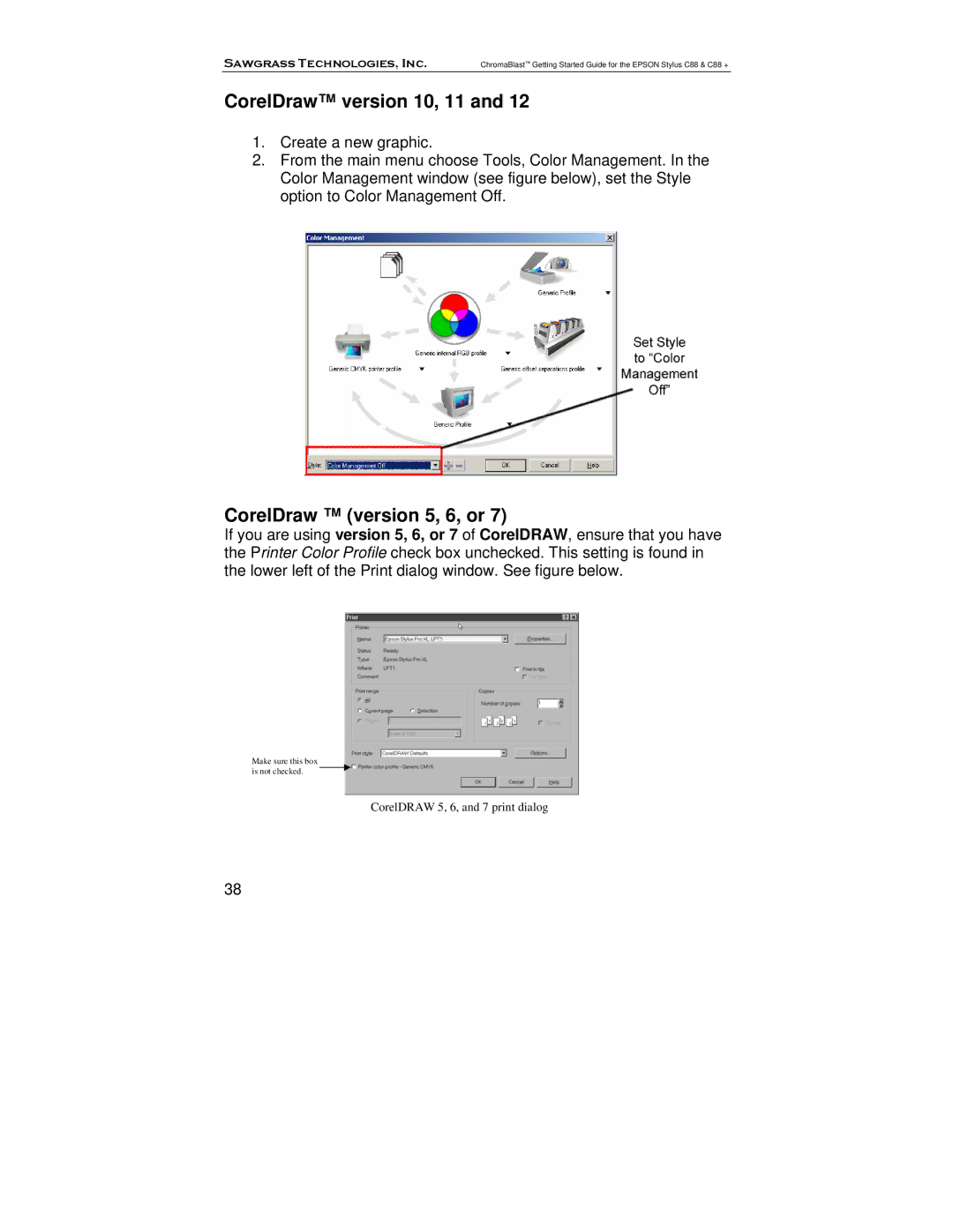 Epson C88, D88+ manual CorelDraw version 10, 11, CorelDraw version 5, 6, or 