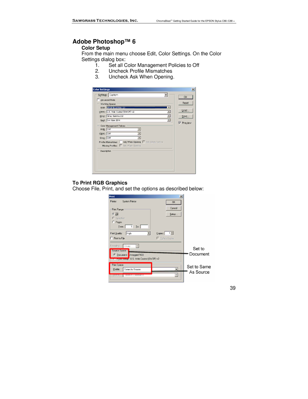 Epson D88+, C88 manual Adobe Photoshop, Color Setup, To Print RGB Graphics 