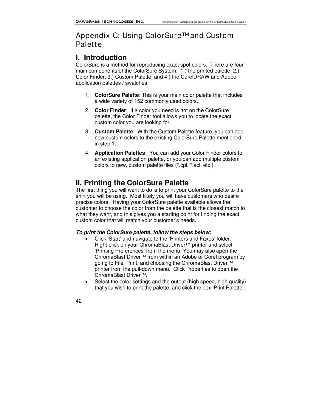 Epson C88, D88+ manual Appendix C Using ColorSure and Custom Palette, Introduction, II. Printing the ColorSure Palette 