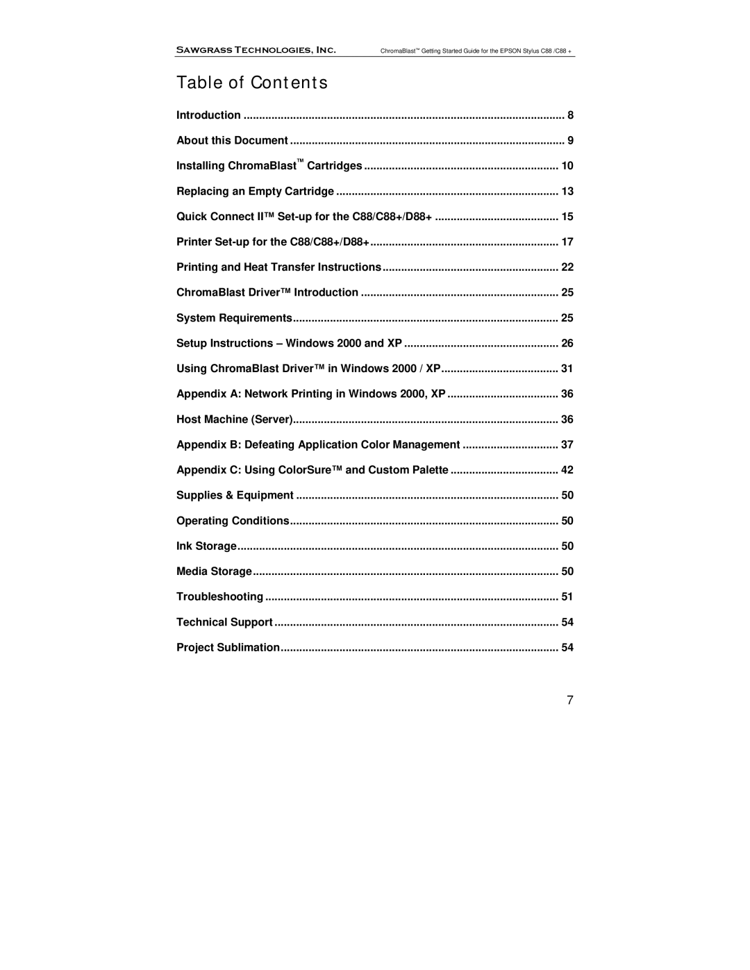 Epson D88+, C88 manual Table of Contents 