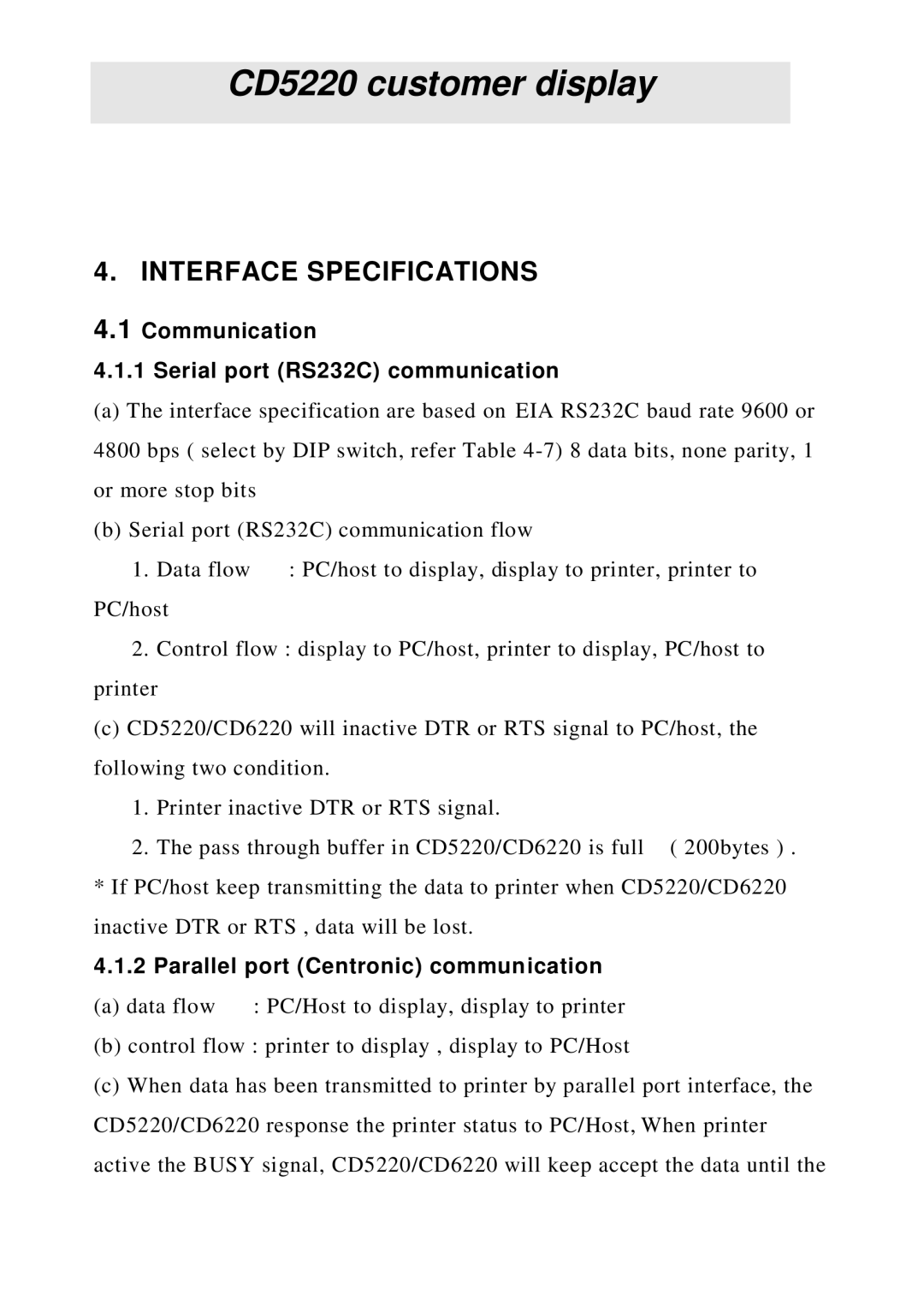 Epson CD5220 manual Interface Specifications, Communication Serial port RS232C communication 