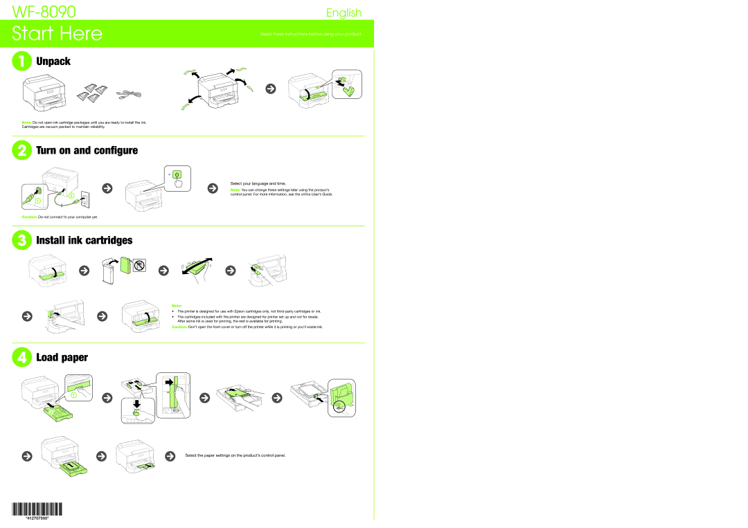 Epson CPD-40367R1 manual Unpack, Turn on and configure, Install ink cartridges, Load paper 