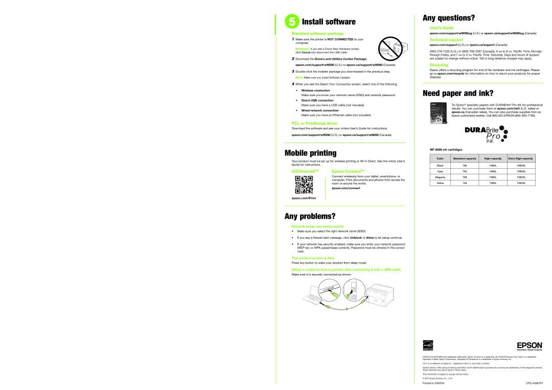 Epson CPD-40367R1 manual Install software, Mobile printing, Any problems?, Any questions?, Need paper and ink? 