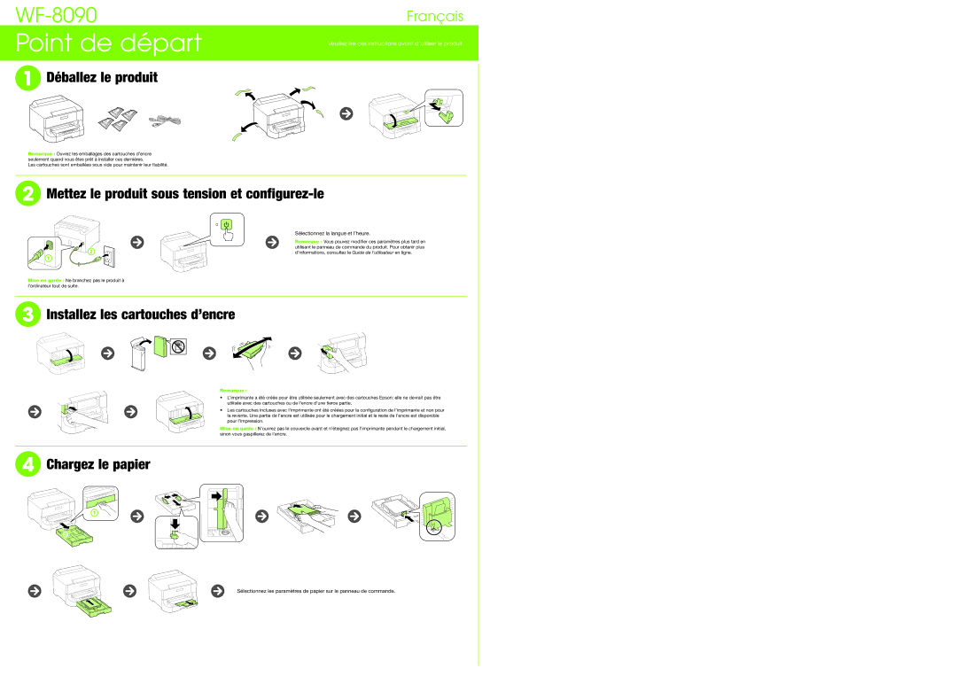 Epson CPD-40367R1 Déballez le produit, Mettez le produit sous tension et configurez-le, Installez les cartouches d’encre 