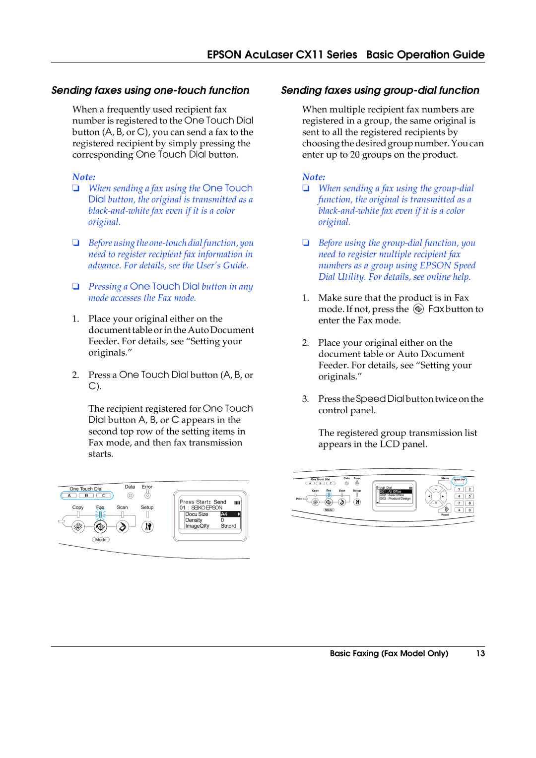 Epson CX11NF, CX11F manual Sending faxes using one-touch function, Sending faxes using group-dial function 