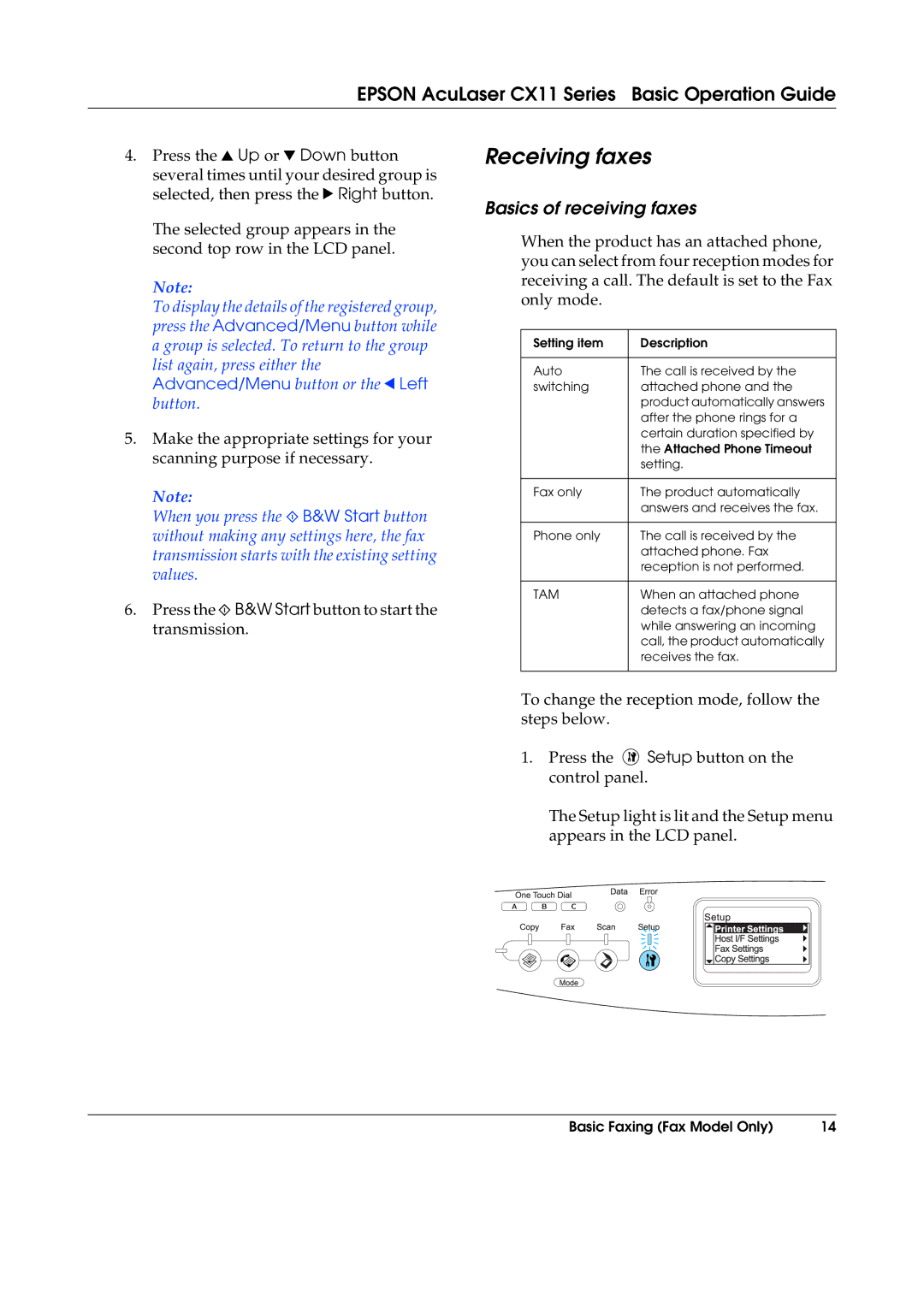 Epson CX11NF, CX11F manual Receiving faxes, Basics of receiving faxes 