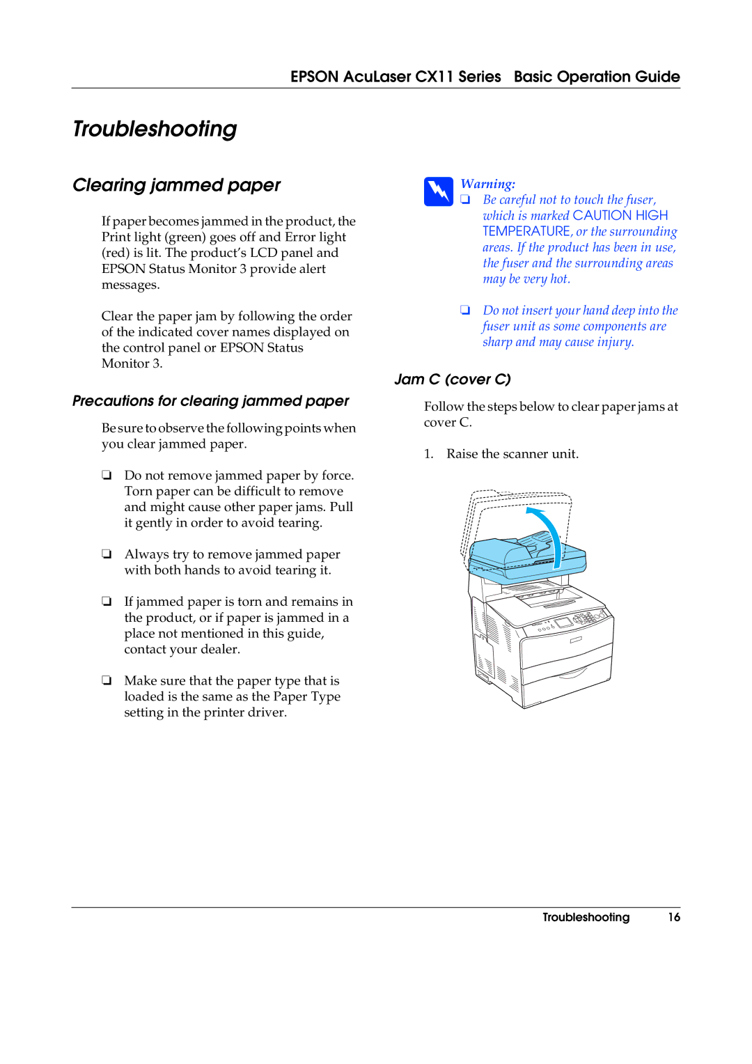 Epson CX11NF, CX11F manual Troubleshooting, Clearing jammed paper, Precautions for clearing jammed paper, Jam C cover C 