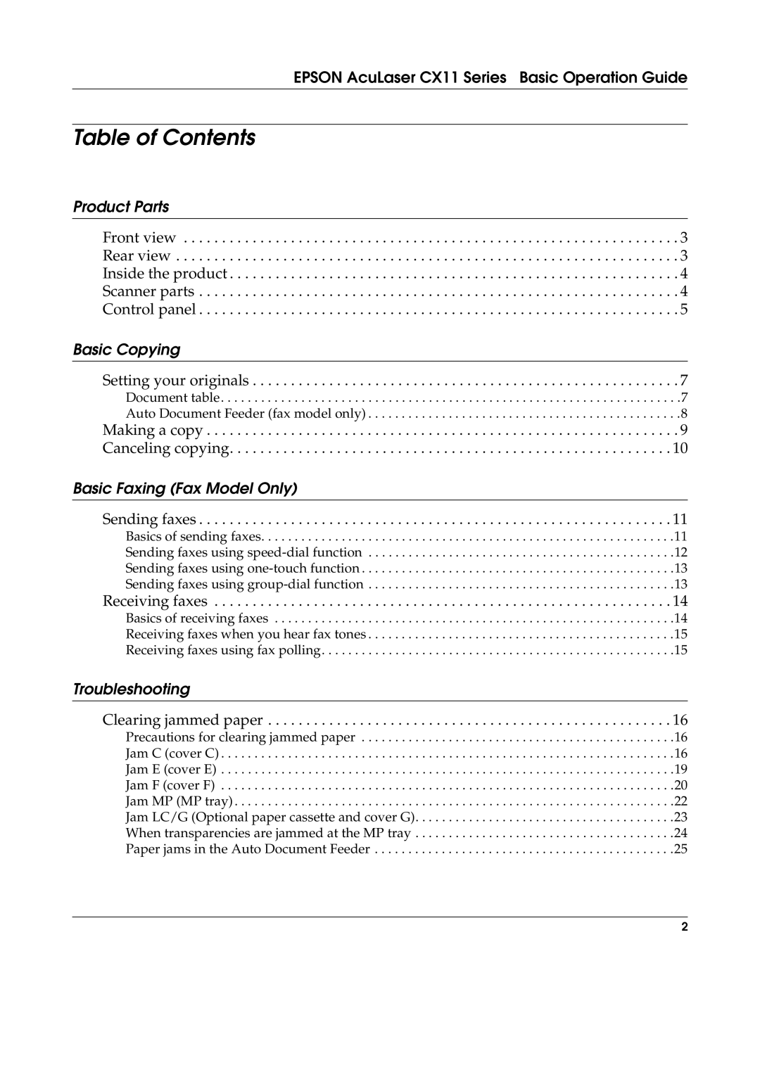 Epson CX11NF, CX11F manual Table of Contents 