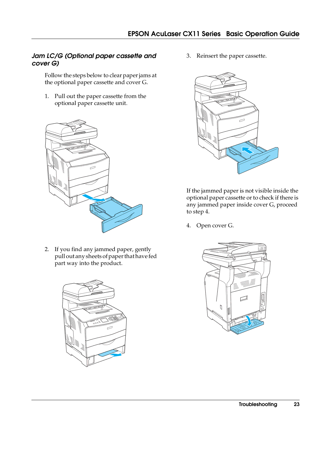 Epson CX11F, CX11NF manual Jam LC/G Optional paper cassette and cover G 