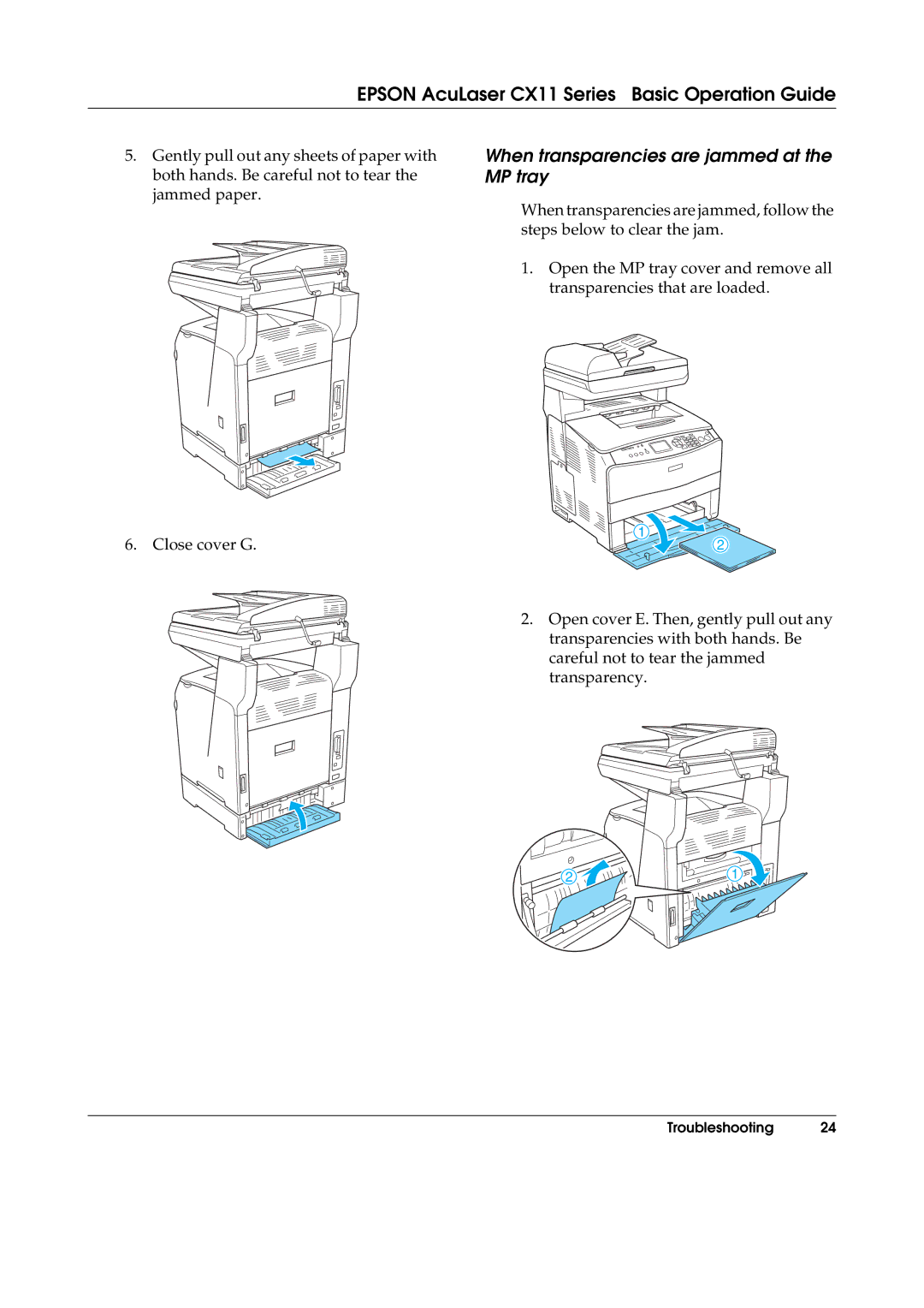 Epson CX11NF, CX11F manual When transparencies are jammed at the MP tray 