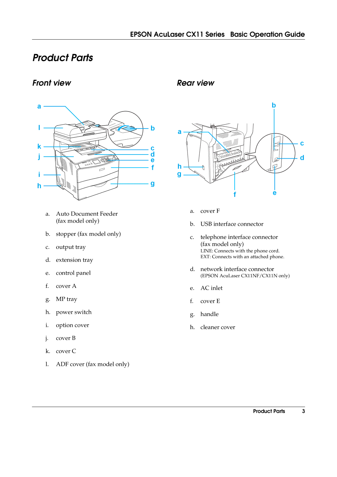 Epson CX11F, CX11NF manual Product Parts, Front view, Rear view 