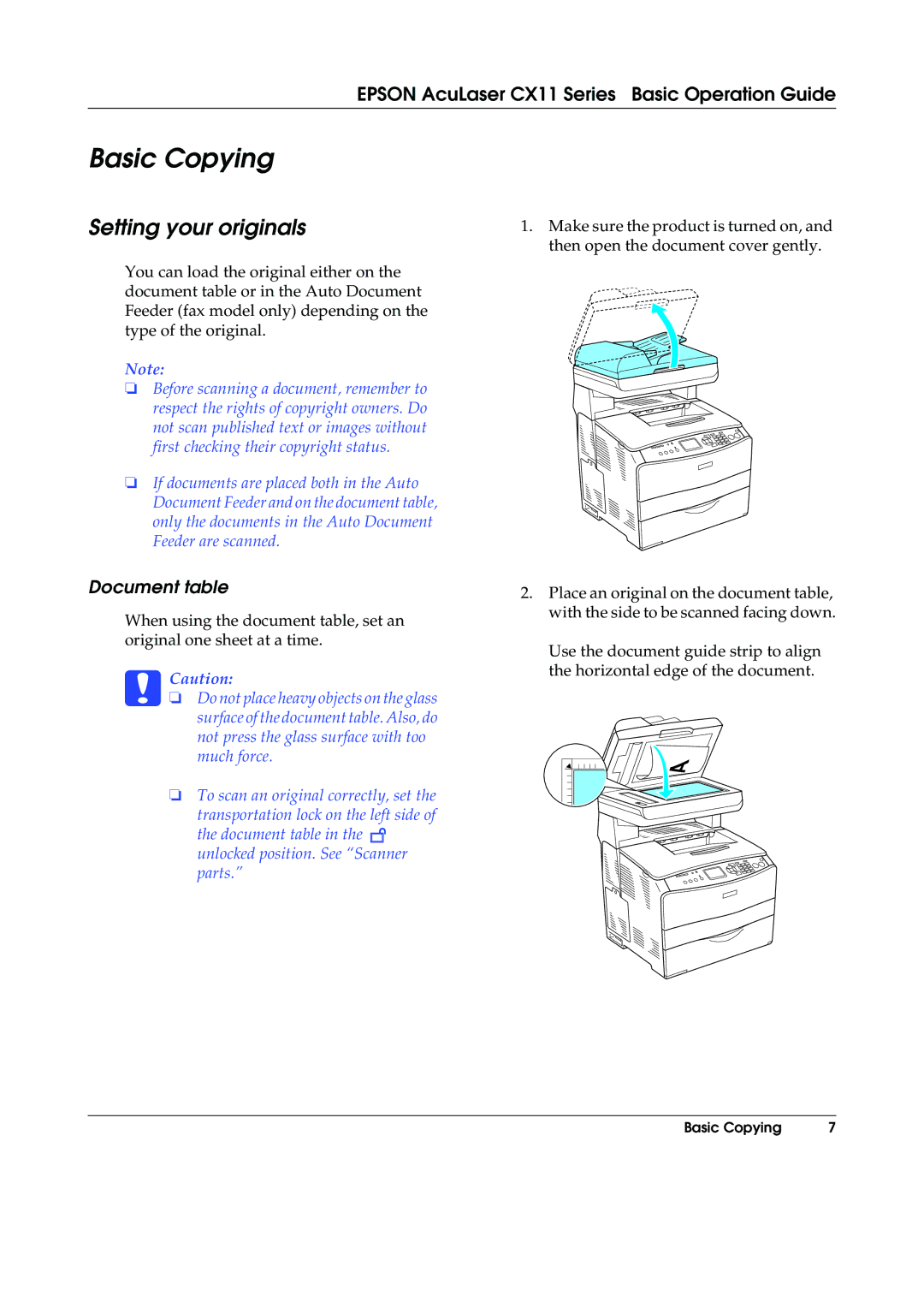 Epson CX11F, CX11NF manual Basic Copying, Setting your originals, Document table 