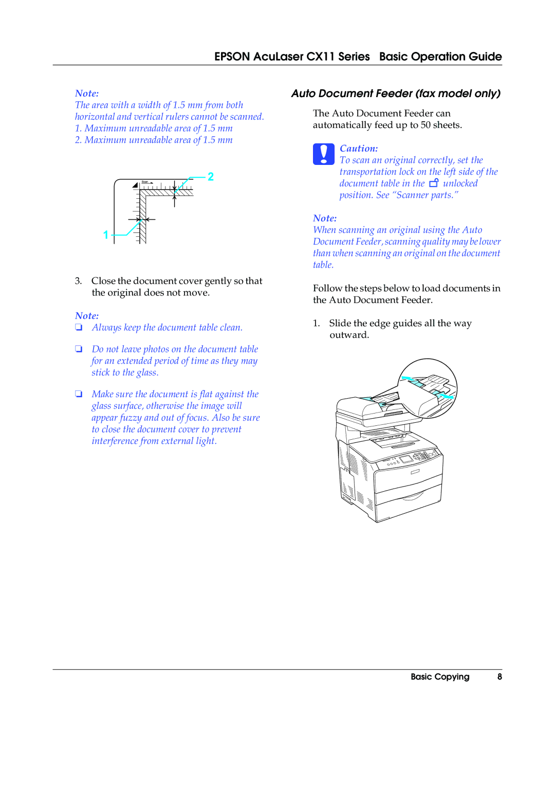 Epson CX11NF, CX11F manual Auto Document Feeder fax model only 