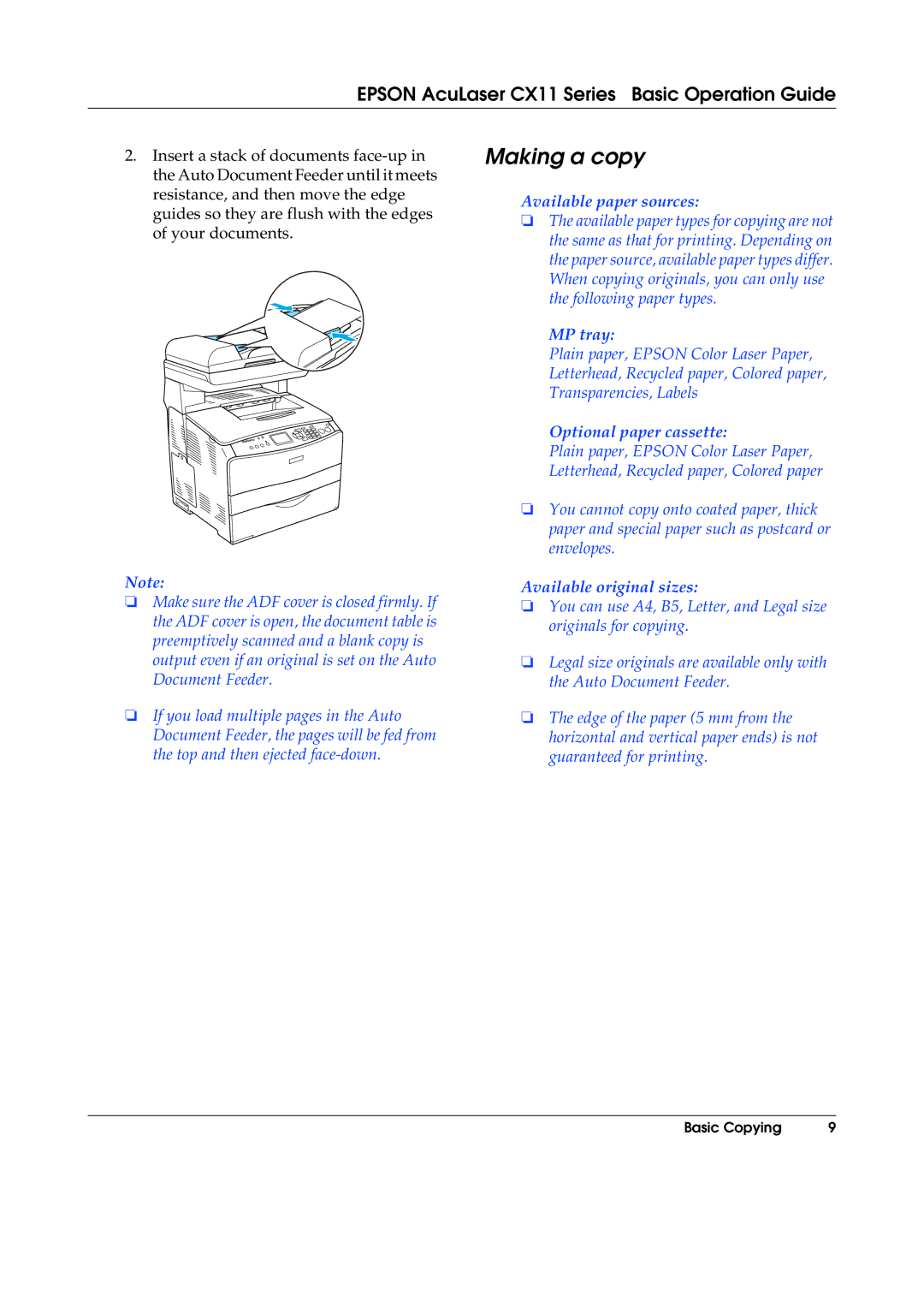 Epson CX11NF, CX11F manual Making a copy, Available paper sources 