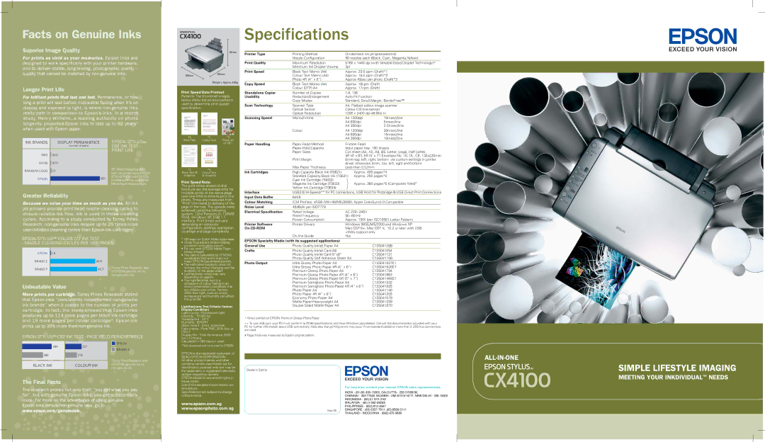 Epson CX4100 specifications Superior Image Quality, Longer Print Life, Greater Reliability, Unbeatable Value, Final Facts 