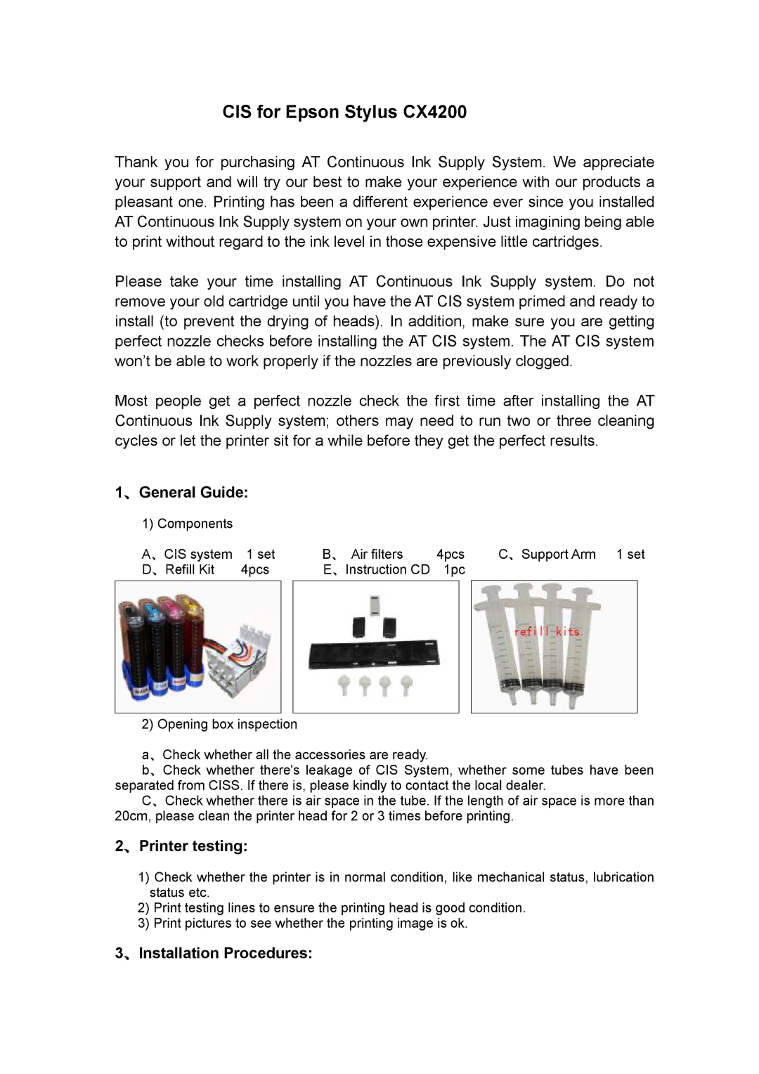 Epson CX4200 manual 、General Guide, 、Printer testing, 、Installation Procedures 