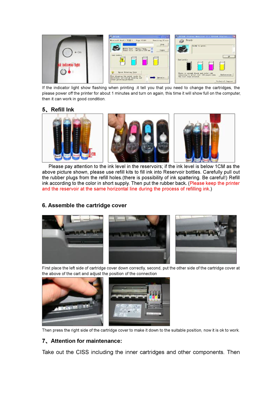 Epson CX4200 manual 、Refill Ink, Assemble the cartridge cover, 、Attention for maintenance 