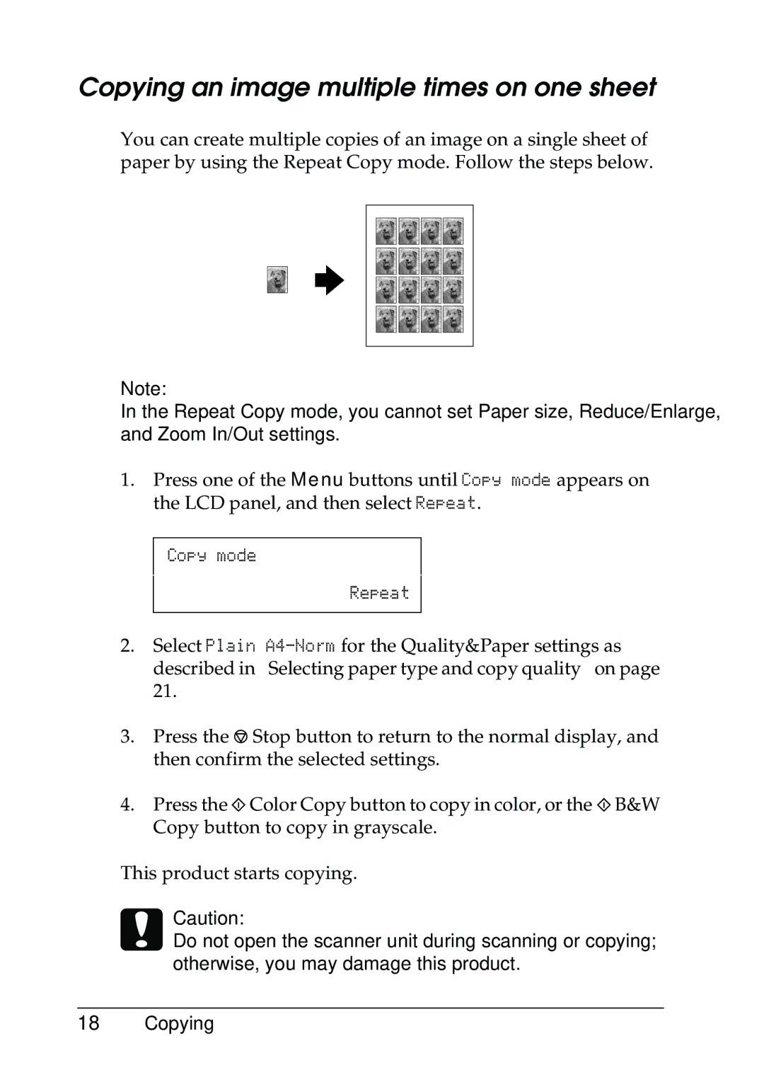 Epson CX5400 manual Copying an image multiple times on one sheet 