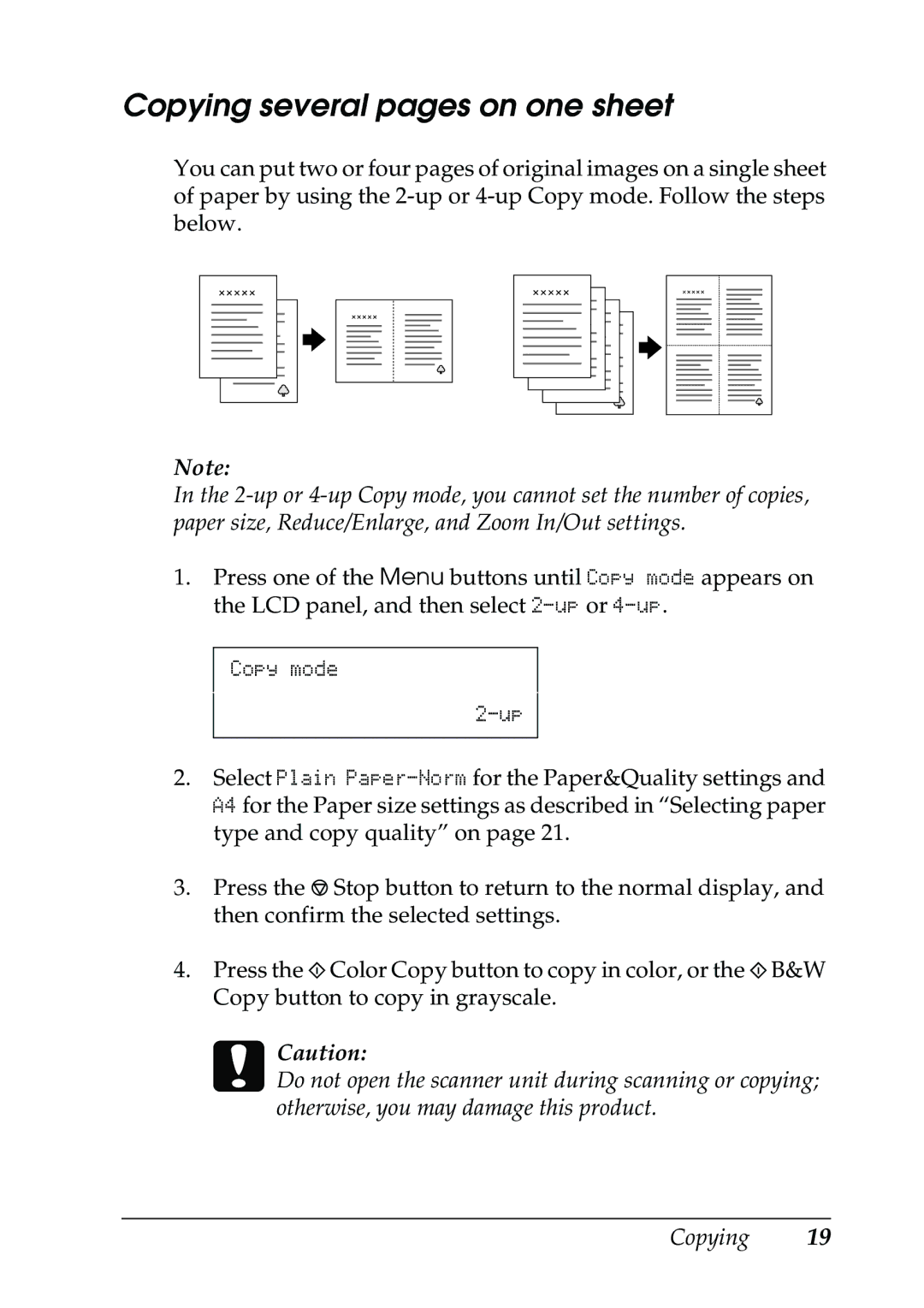 Epson CX5400 manual Copying several pages on one sheet, CCaution 