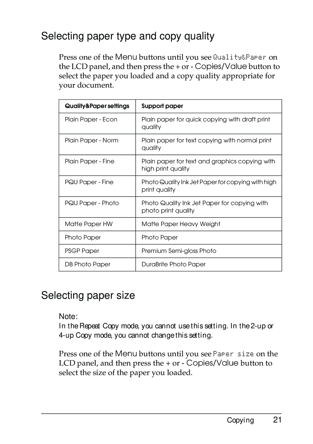 Epson CX5400 manual Selecting paper type and copy quality, Selecting paper size 