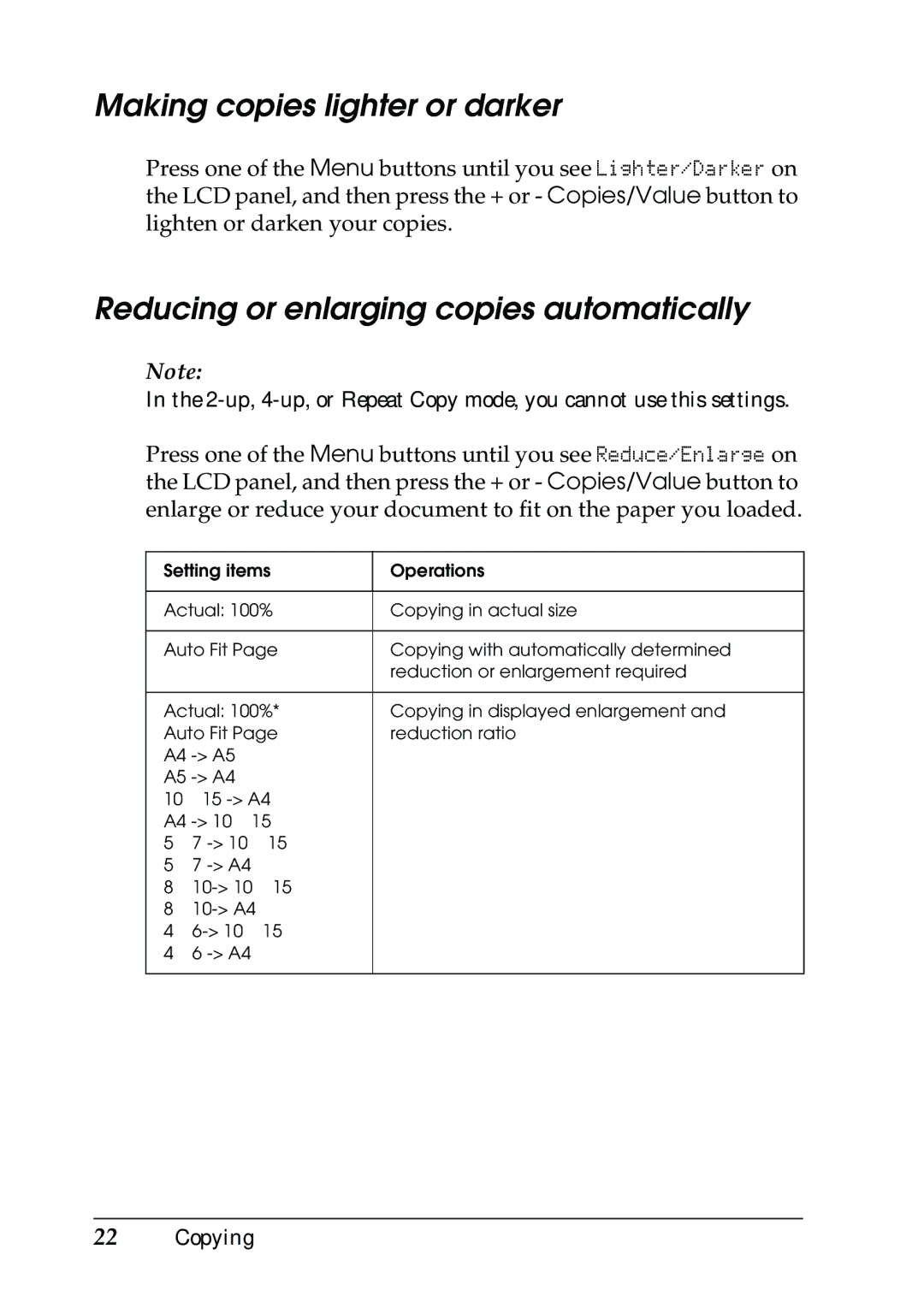 Epson CX5400 manual Making copies lighter or darker, Reducing or enlarging copies automatically 