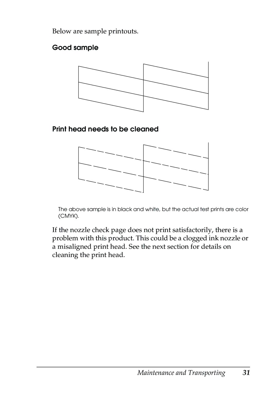 Epson CX5400 manual Good sample Print head needs to be cleaned 