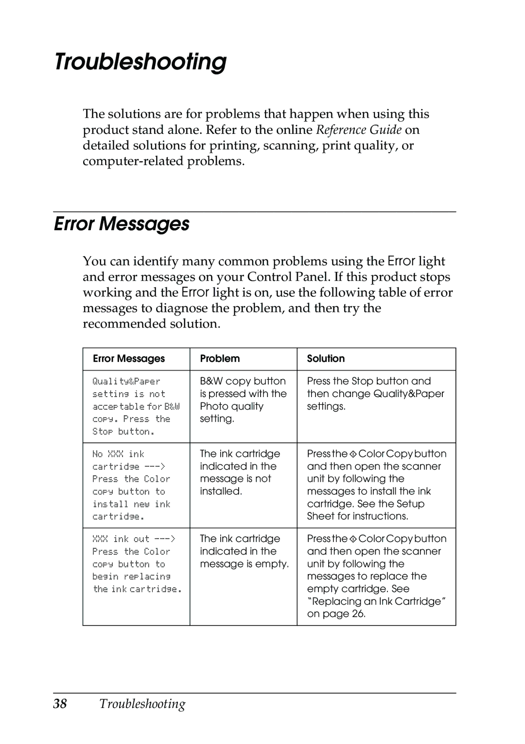 Epson CX5400 manual Troubleshooting, Error Messages 