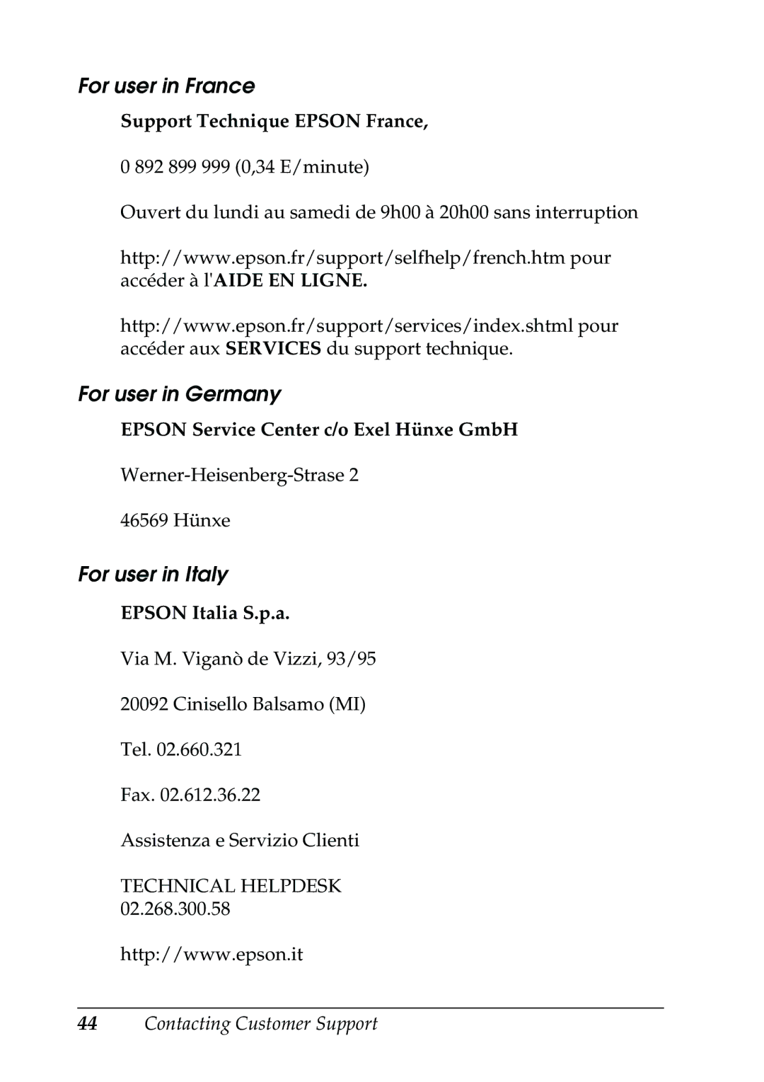 Epson CX5400 manual For user in France, For user in Germany, For user in Italy 