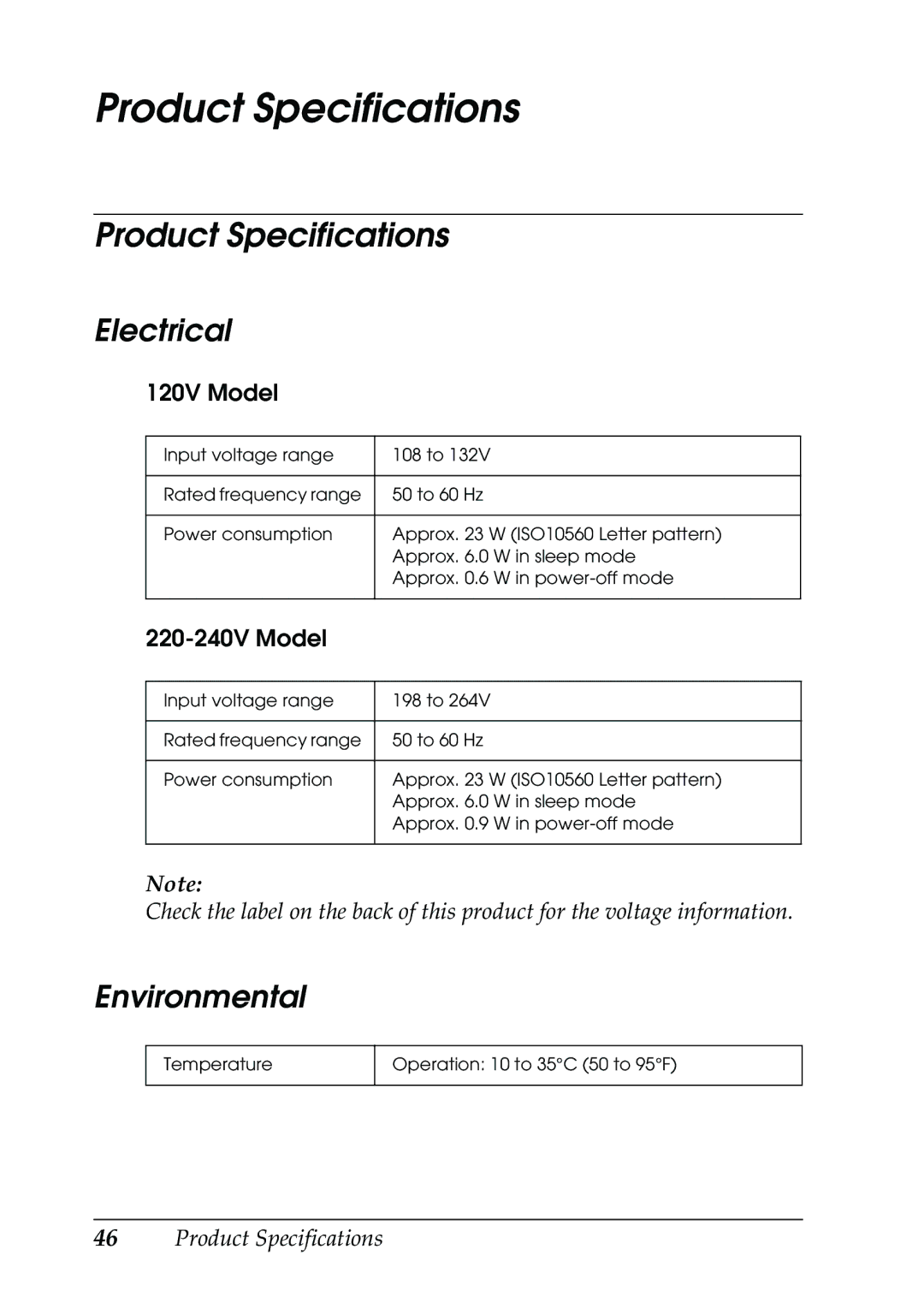 Epson CX5400 manual Product Specifications, Electrical, Environmental 