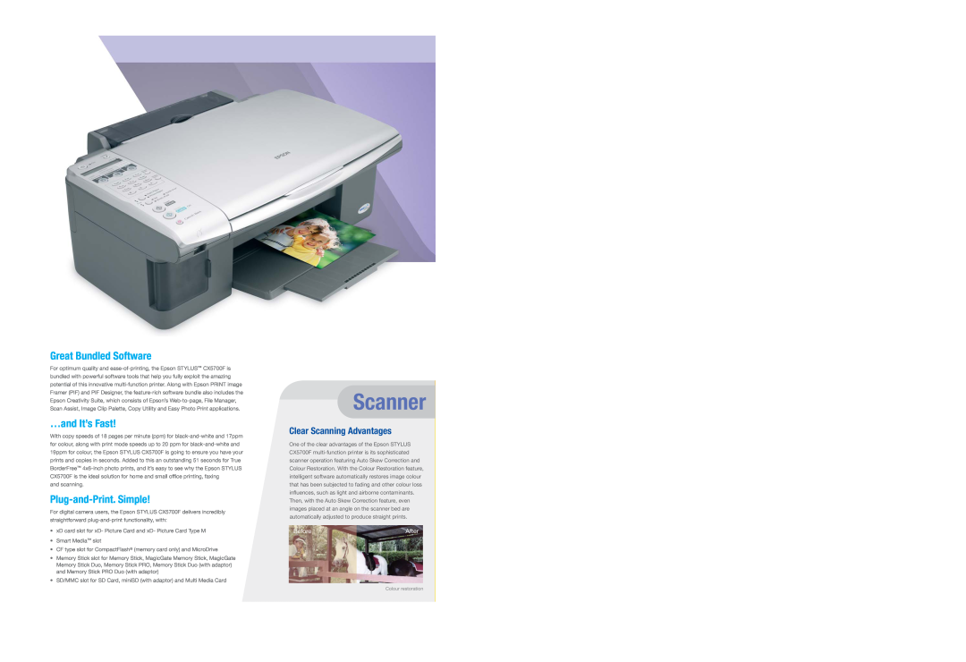 Epson CX5700F Clear Scanning Advantages, Scanner, Great Bundled Software, …and It’s Fast, Plug-and-Print. Simple, Before 