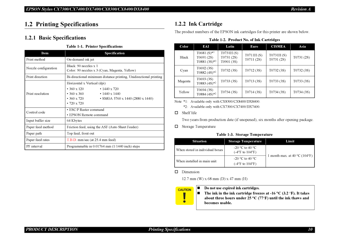 Epson DX8400, CX7300, CX8300, DX7400 service manual Printing Specifications, Basic Specifications, Ink Cartridge 