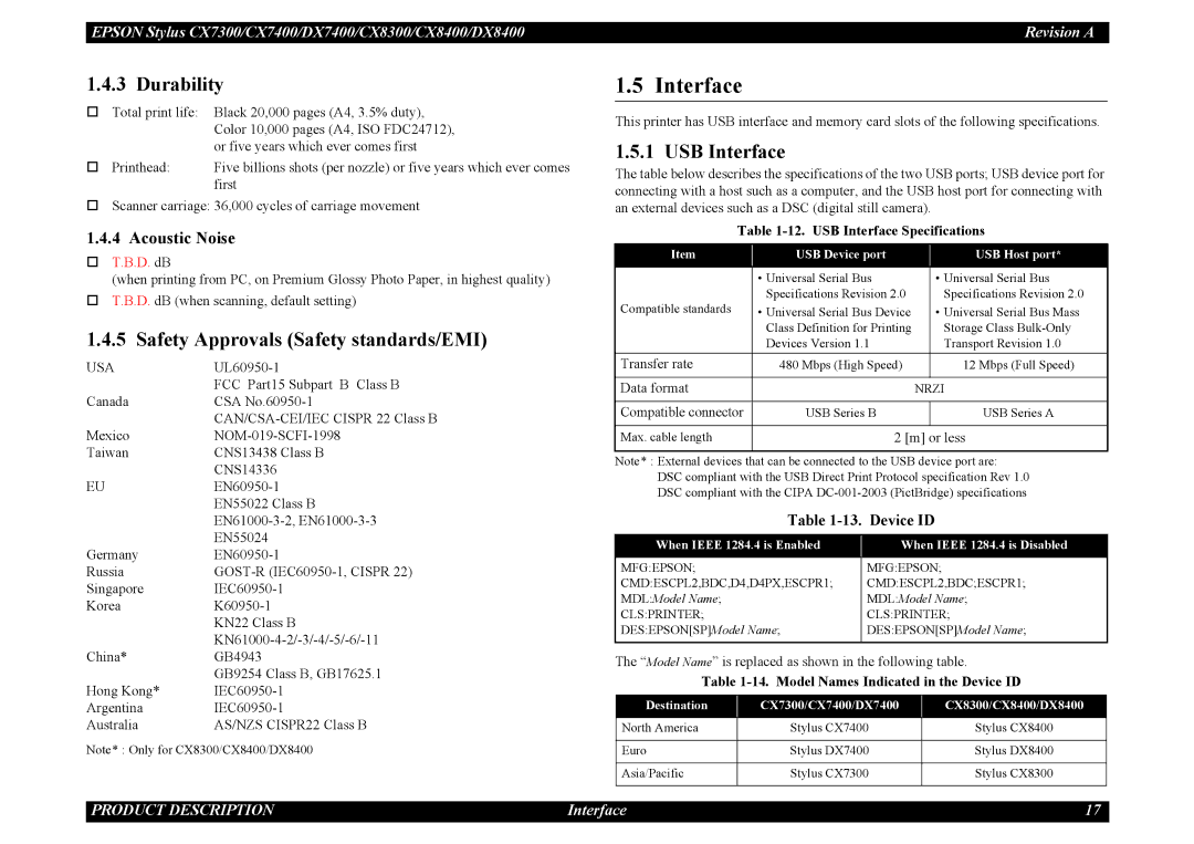 Epson CX8300, CX7300, DX8400, DX7400 service manual Durability, Safety Approvals Safety standards/EMI, USB Interface 