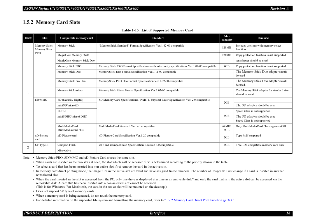 Epson DX8400, CX7300, CX8300, DX7400 service manual Memory Card Slots, List of Supported Memory Card 