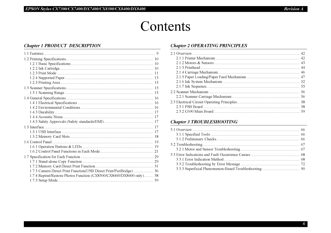 Epson DX8400, CX7300, CX8300, DX7400 service manual Contents 