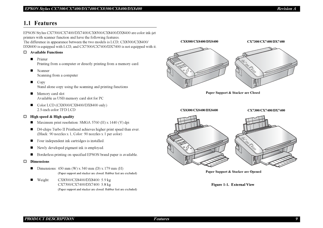 Epson CX8300, CX7300, DX8400, DX7400 service manual Features, † Available Functions, † High speed & High quality, † Dimensions 