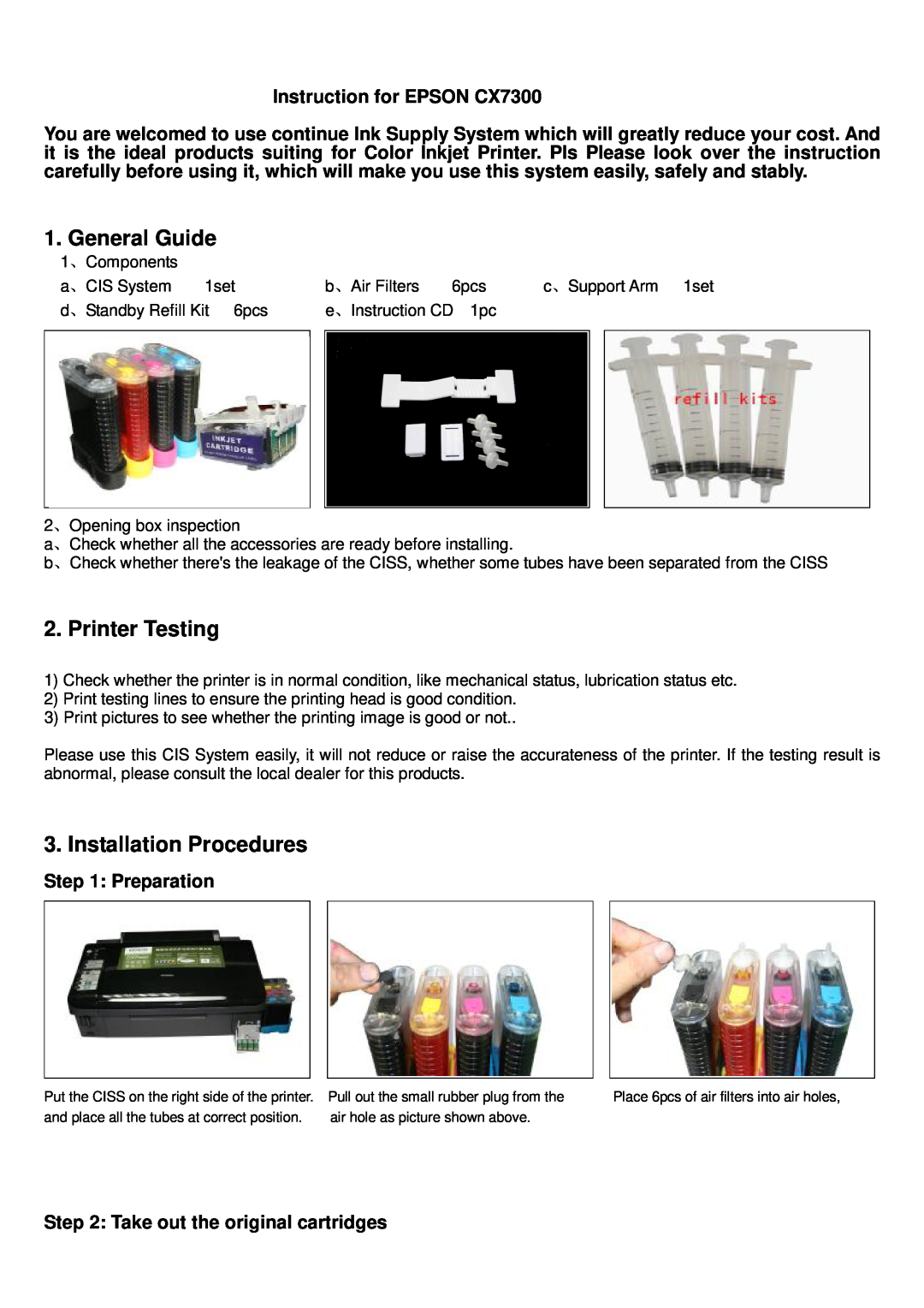 Epson manual General Guide, Printer Testing, Installation Procedures, Instruction for EPSON CX7300, Preparation 