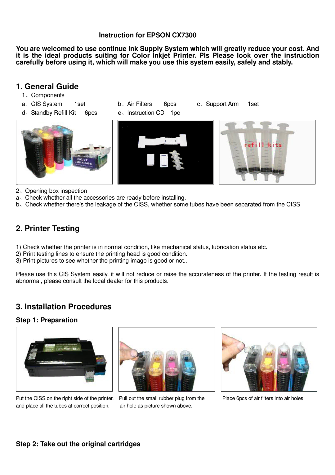 Epson CX7300 manual General Guide, Printer Testing, Installation Procedures, Preparation, Take out the original cartridges 