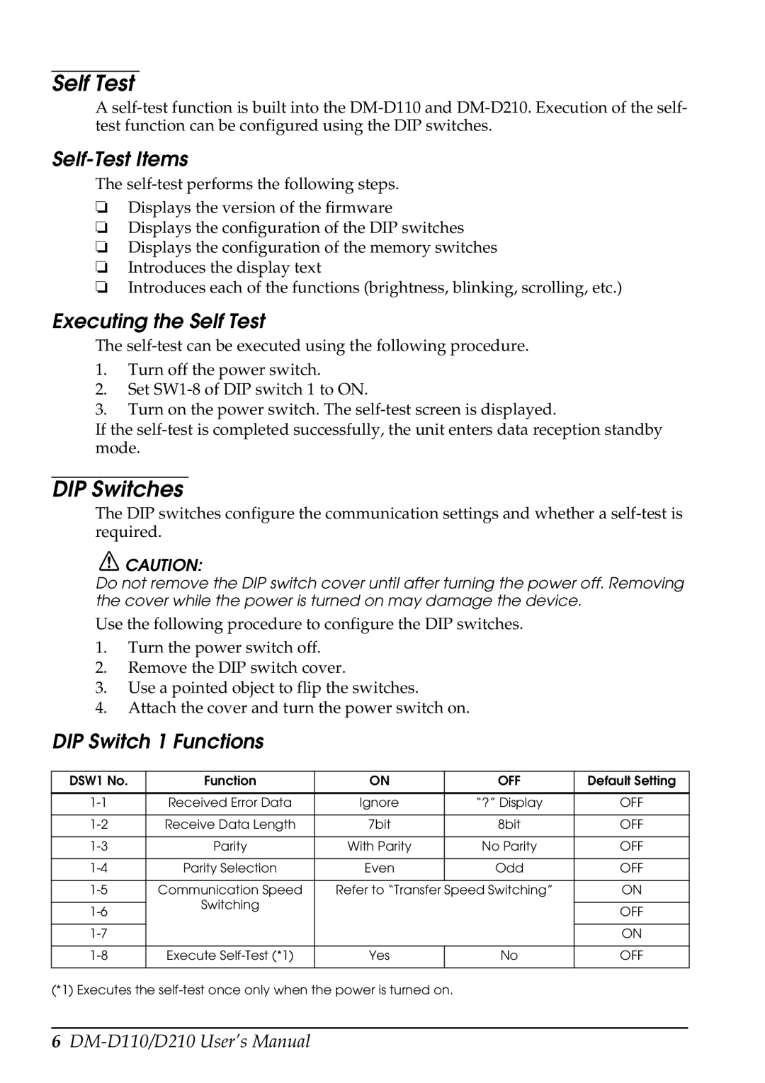 Epson D110, D210 user manual Self Test, DIP Switches 