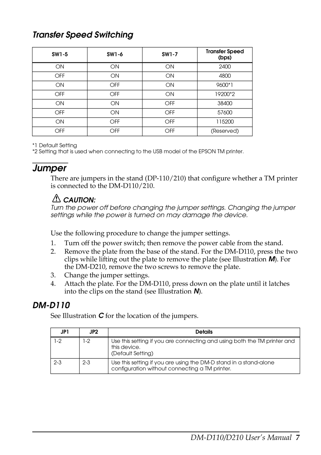 Epson D210, D110 user manual Jumper, Transfer Speed Switching 