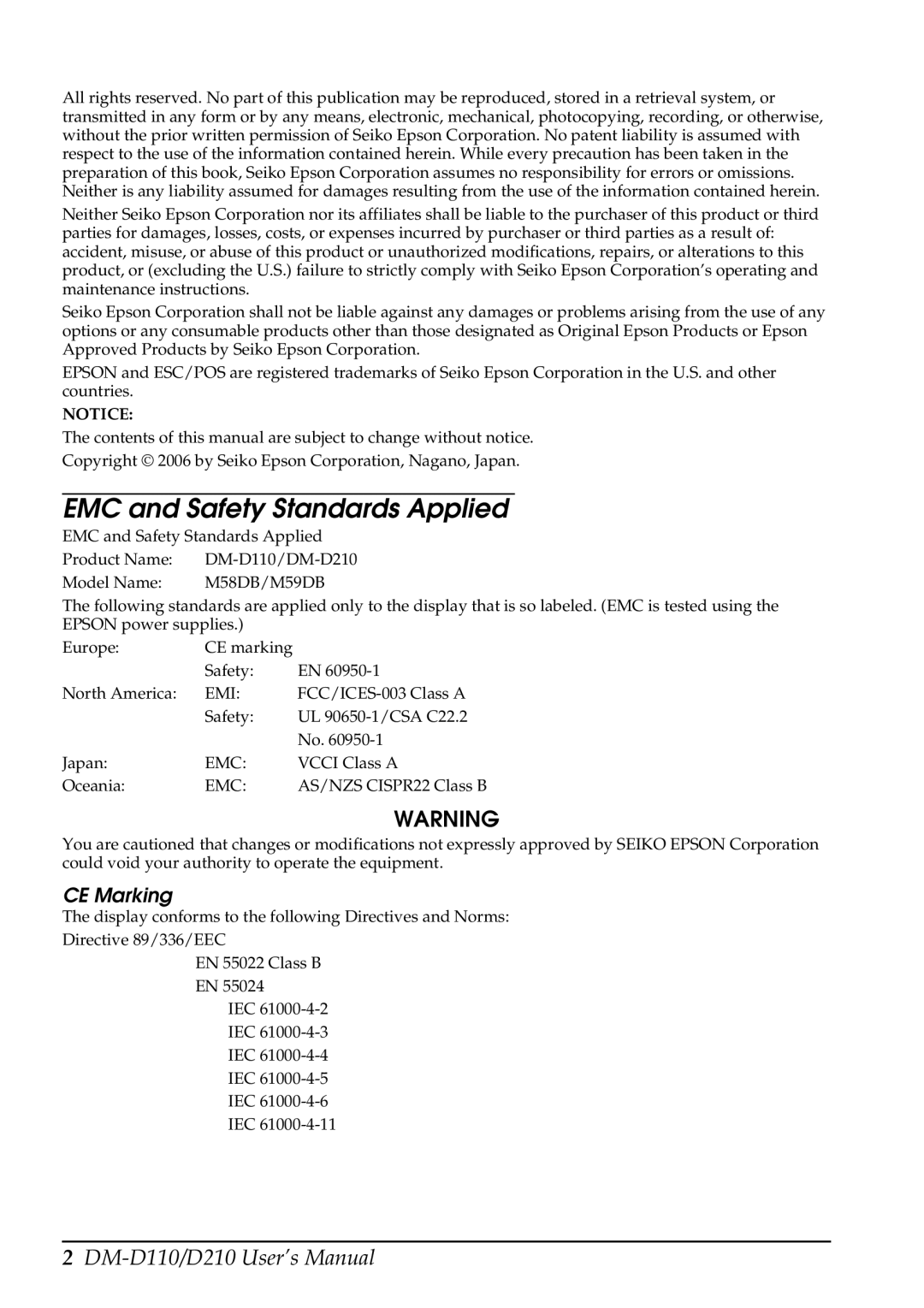 Epson D110, D210 user manual EMC and Safety Standards Applied, M58DB/M59DB 