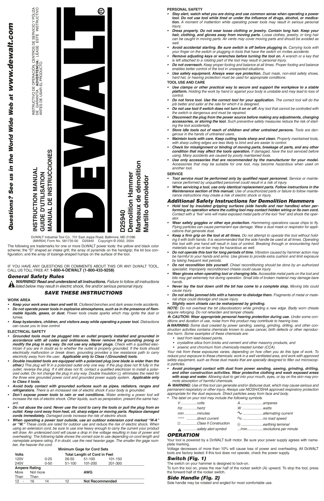 Epson D25940 instruction manual General Safety Rules, Additional Safety Instructions for Demolition Hammers, Operation 