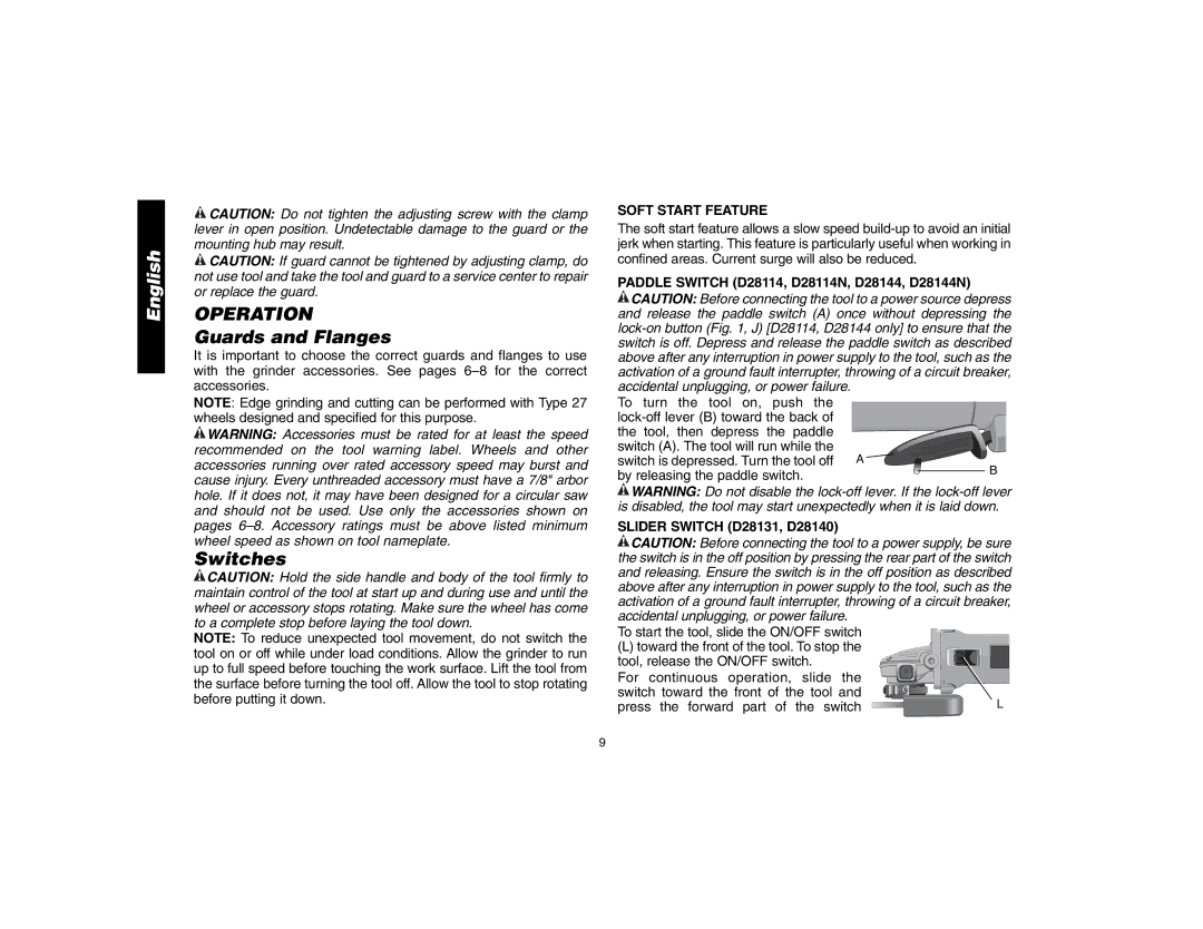 Epson D28114 instruction manual Operation, Guards and Flanges, Switches, Soft Start Feature 