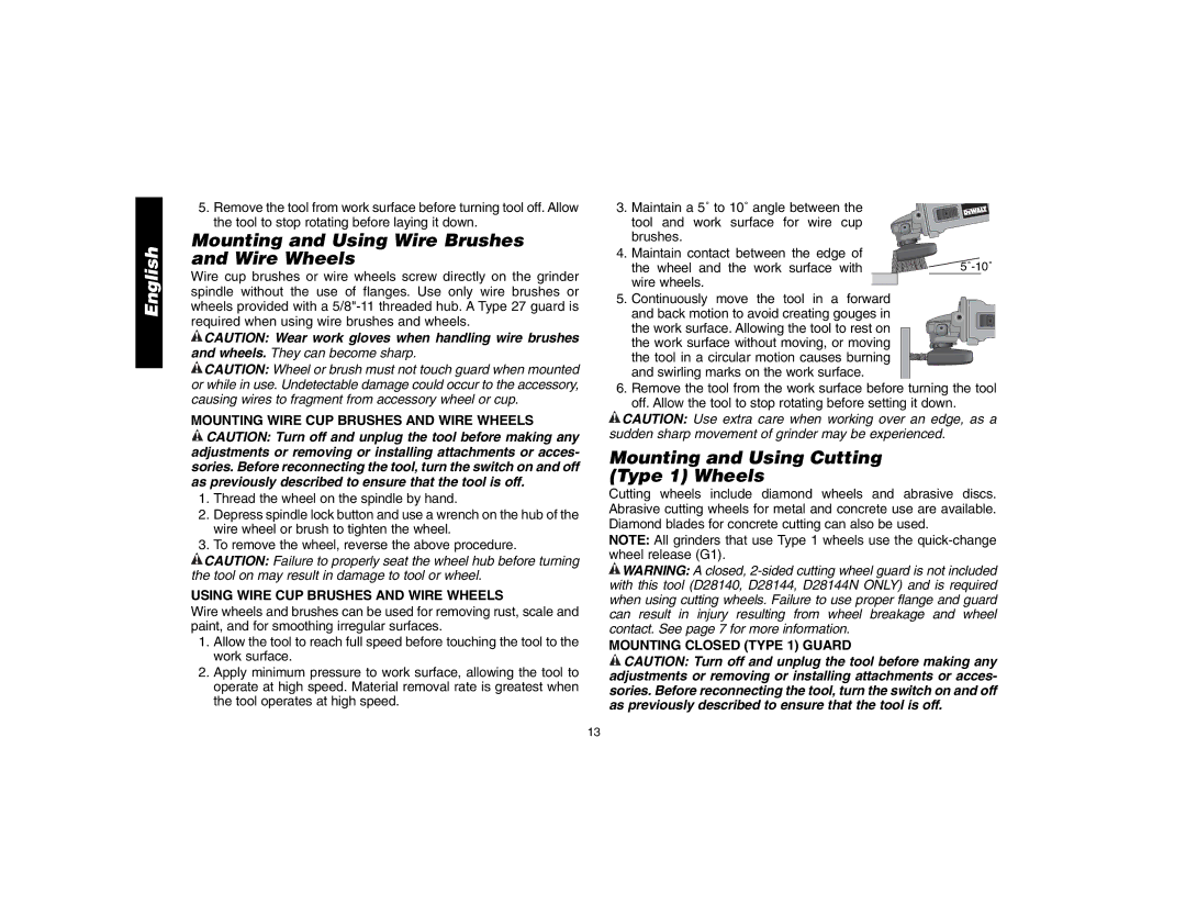 Epson D28114 instruction manual Mounting and Using Wire Brushes and Wire Wheels, Mounting and Using Cutting Type 1 Wheels 