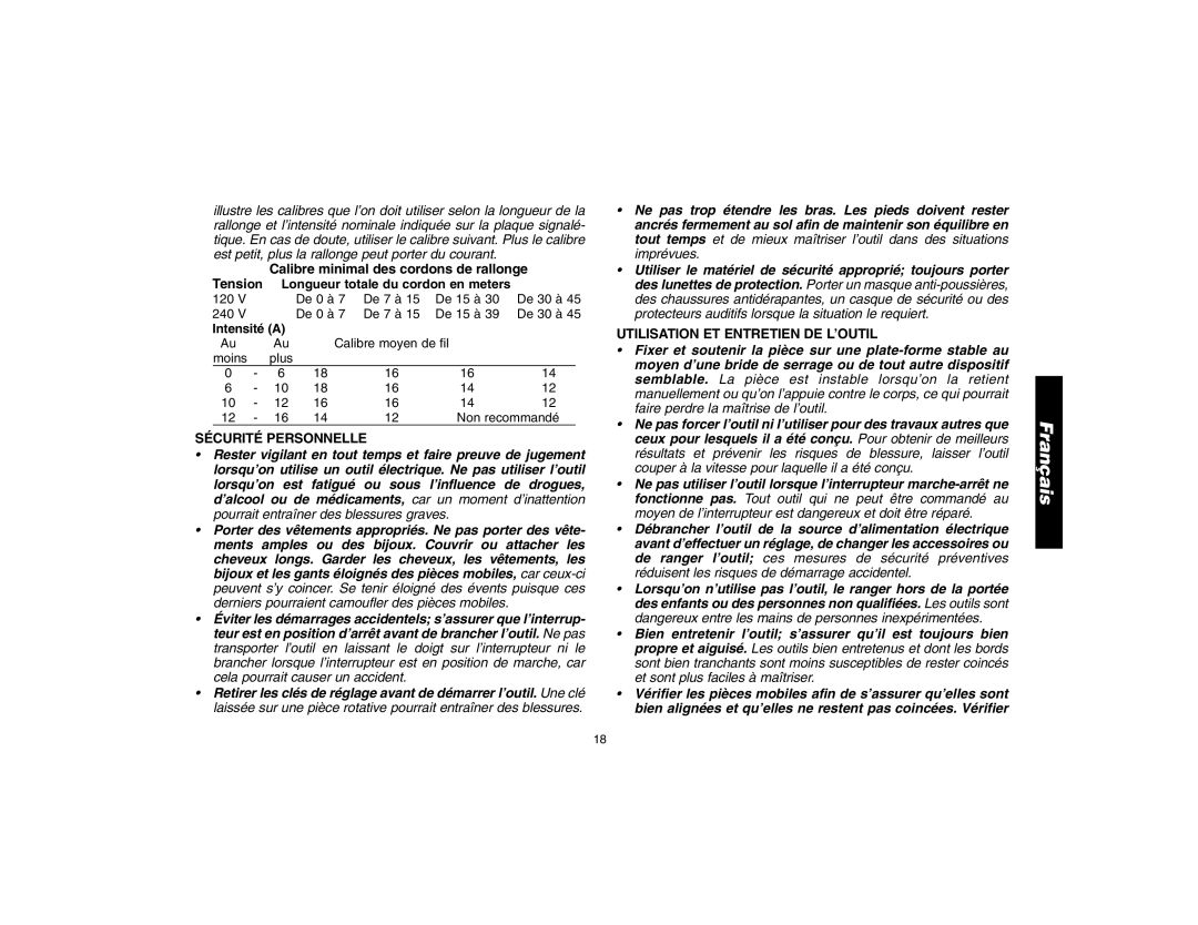 Epson D28114 Calibre minimal des cordons de rallonge Tensi on, Sécurité Personnelle, Utilisation ET Entretien DE L’OUTIL 