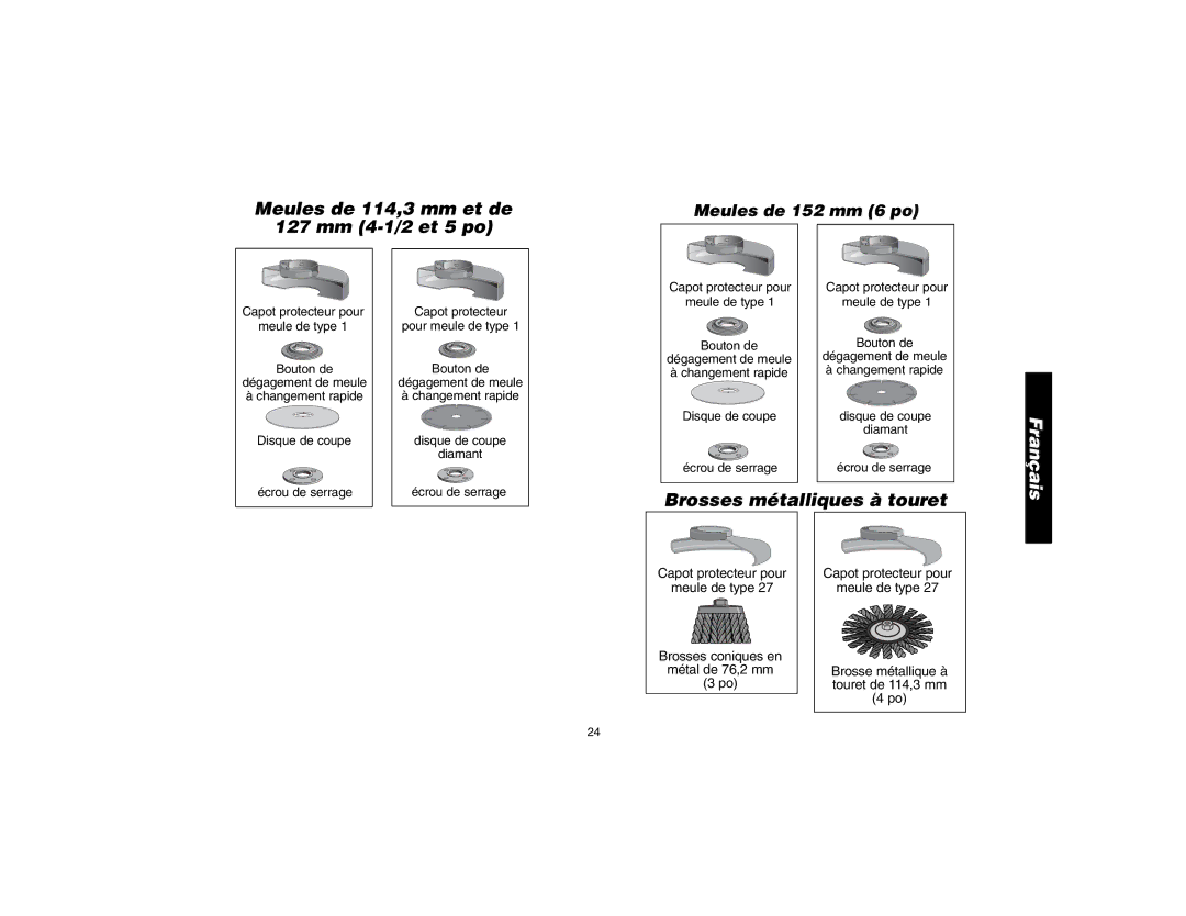 Epson D28114 instruction manual Meules de 114,3 mm et de 127 mm 4-1/2 et 5 po, Brosses métalliques à touret 