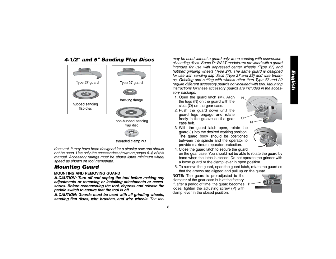 Epson D28114 instruction manual and 5 Sanding Flap Discs, Mounting Guard, Mounting and Removing Guard 