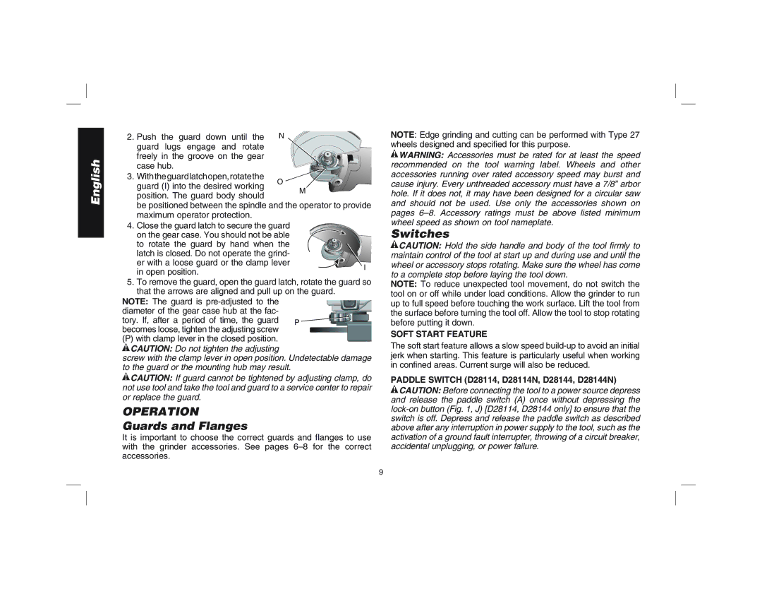 Epson D28144R Operation, Guards and Flanges, Switches, Soft Start Feature, Paddle Switch D28114, D28114N, D28144, D28144N 