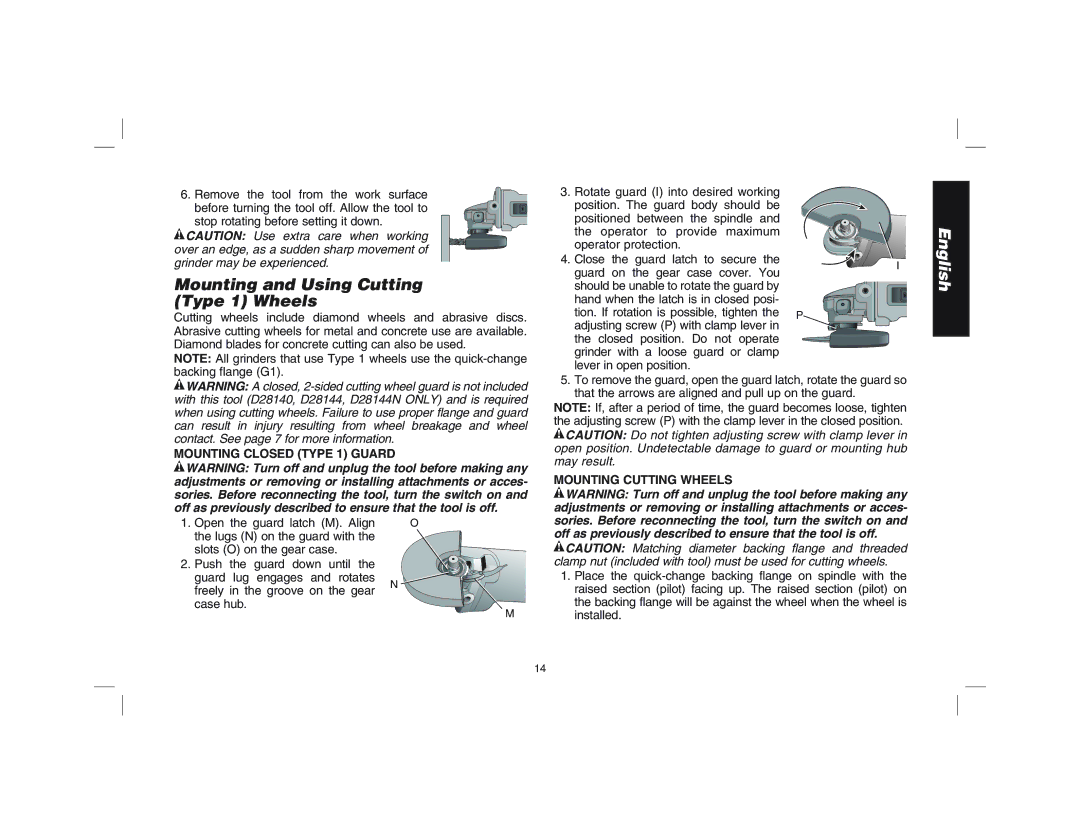 Epson D28144R Mounting and Using Cutting Type 1 Wheels, Mounting Closed Type 1 Guard, Mounting Cutting Wheels 