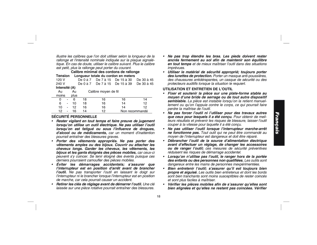 Epson D28144R Calibre minimal des cordons de rallonge Tension, Sécurité Personnelle, Utilisation ET Entretien DE L’OUTIL 